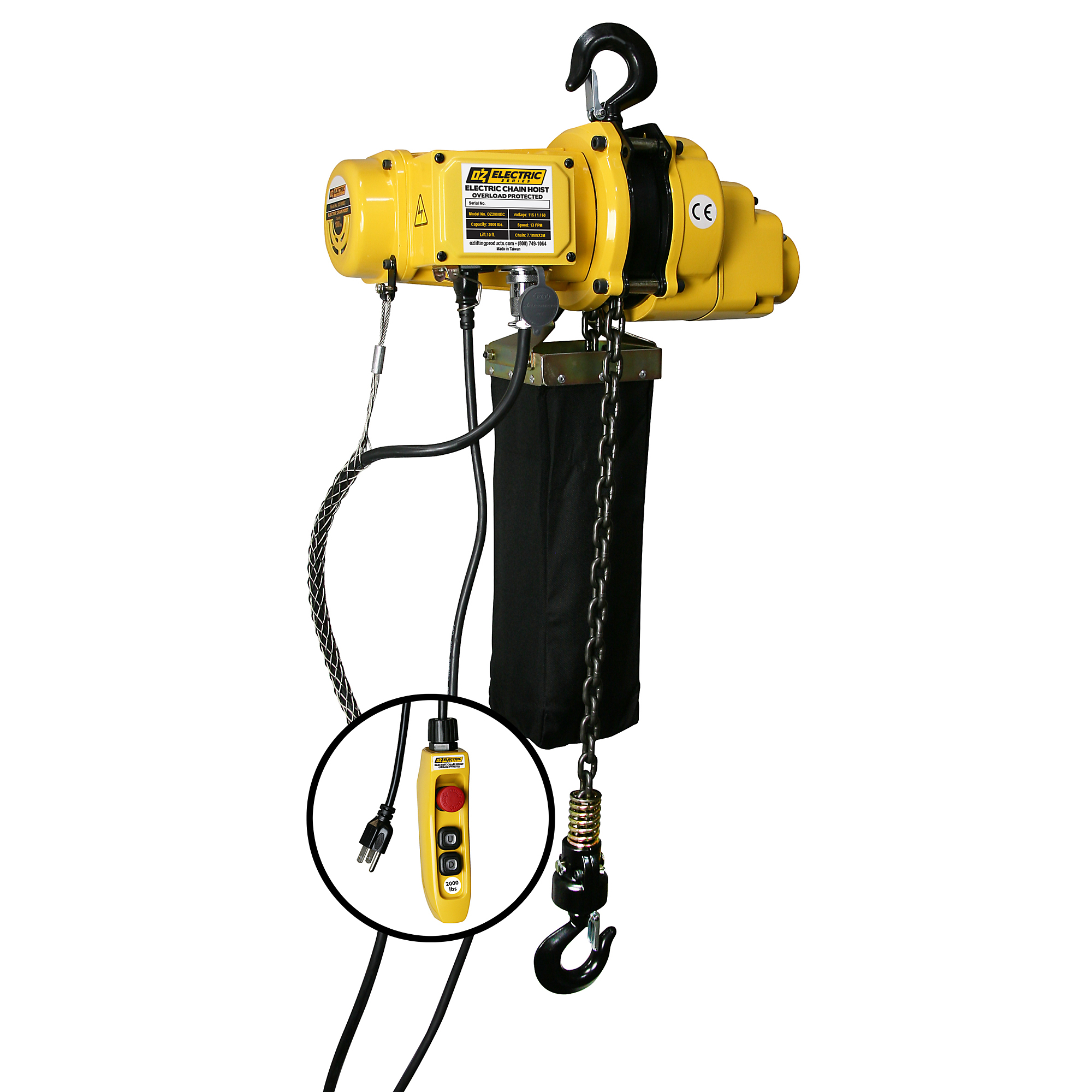 OZ Lifting Products, 2000 lbs. Electric Chain Hoist w/ 20ft. of Lift, Capacity 2000 lb, Lift Height 20 ft, Model# OZ2000EC-20
